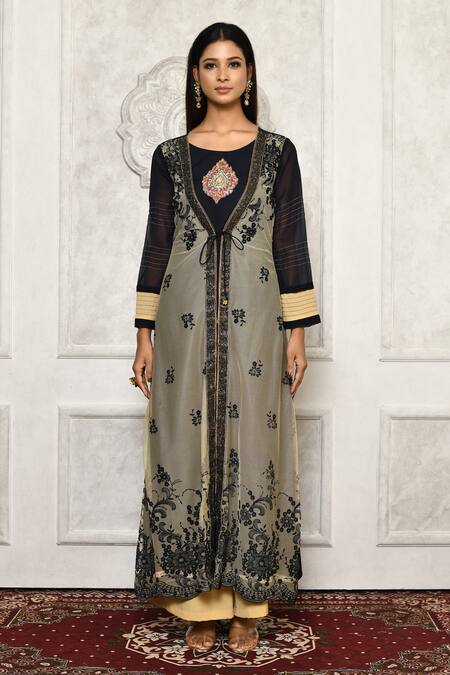 Buy_Aryavir Malhotra_Grey Kurtageorgette Palazzo Faux Jacket Style Angarkha Kurta And Set _Online_at_Aza_Fashions