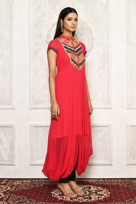 Aryavir Malhotra_Coral Kurta Georgette Embroidered Pleated Cowl Draped And Pant Set _Online_at_Aza_Fashions