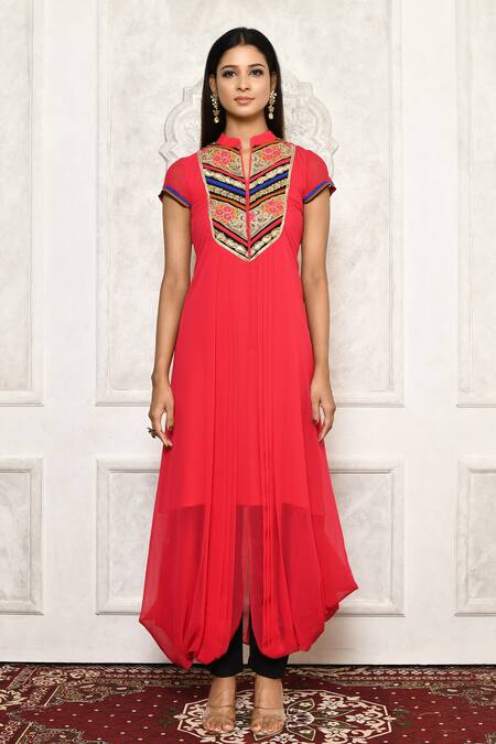 Buy_Aryavir Malhotra_Coral Kurta Georgette Embroidered Pleated Cowl Draped And Pant Set _Online_at_Aza_Fashions