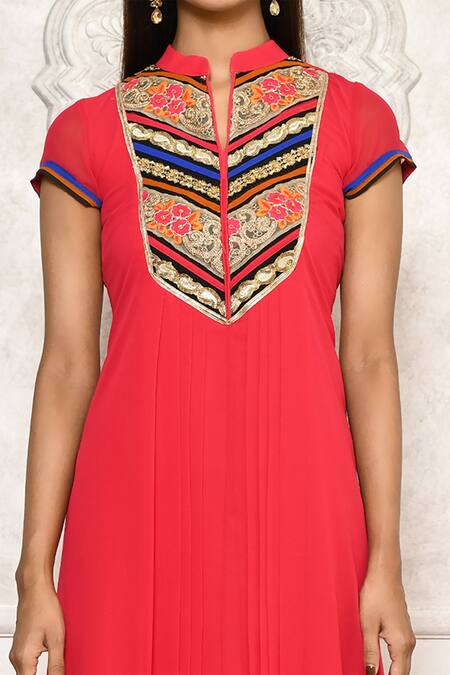 Aryavir Malhotra_Coral Kurta Georgette Embroidered Pleated Cowl Draped And Pant Set _at_Aza_Fashions