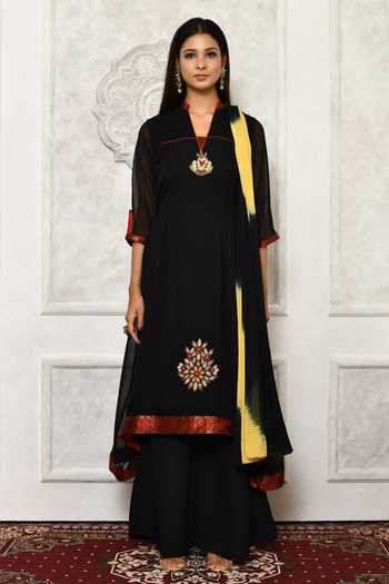 Buy_Aryavir Malhotra_Black Georgette Embroidery Floral Mandarin Collar Kurta Palazzo Set _Online_at_Aza_Fashions