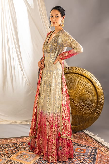 Buy Soniya G White Silk Blend Cutdana And Sequin, Foil Print, Beads Ombre Anarkali With Dupatta Online at Aza Fashions Buy_Soniya G_White Silk Blend Cutdana And Sequin, Foil Print, Beads Ombre Anarkali With Dupatta _Online_at_Aza_Fashions