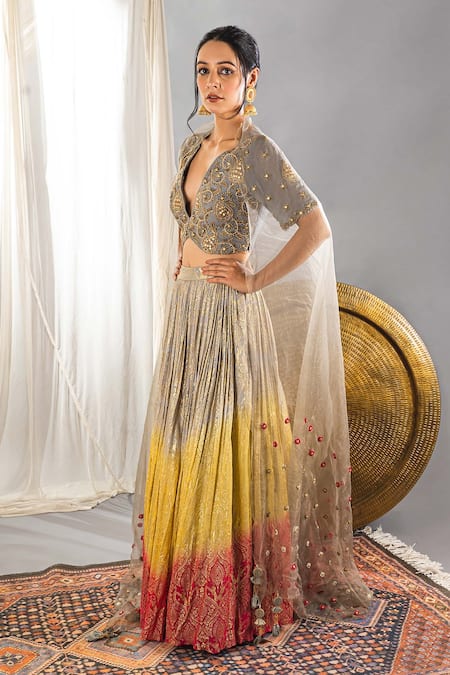 Soniya G_Grey Silk Blend Cutdana And Sequin, Foil Print, Beads V Neck Ombre Lehenga Set _at_Aza_Fashions
