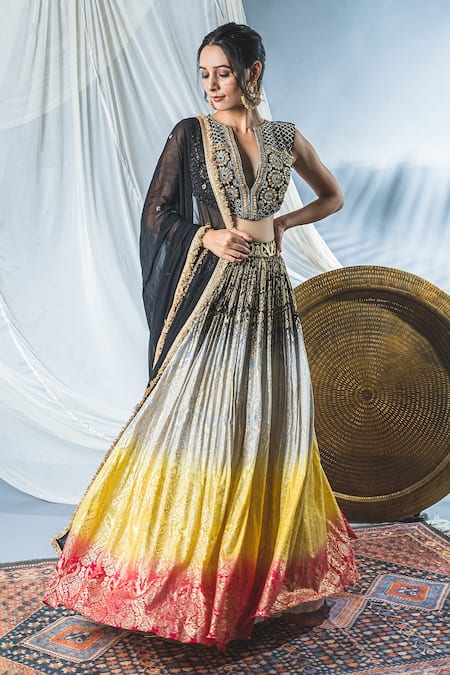 Buy_Soniya G_Black Chanderi Cutdana And Sequin, Foil Print, Beads Notched Lehenga Set _Online_at_Aza_Fashions