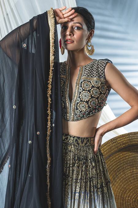 Soniya G_Black Chanderi Cutdana And Sequin, Foil Print, Beads Notched Lehenga Set _at_Aza_Fashions