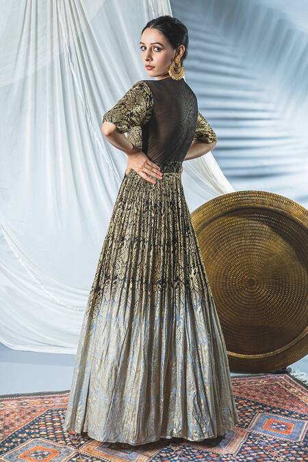 Shop_Soniya G_Black Chanderi Cutdana And Sequin, Foil Print, Beads V Neck Anarkali With Dupatta _Online_at_Aza_Fashions