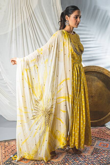 Soniya G_Yellow Lucknowi Beads And Sequin, Geometric Print, Mirror Anarkali With Dupatta _Online_at_Aza_Fashions