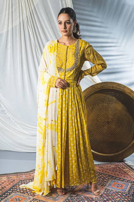 Buy_Soniya G_Yellow Lucknowi Beads And Sequin, Geometric Print, Mirror Anarkali With Dupatta _Online_at_Aza_Fashions