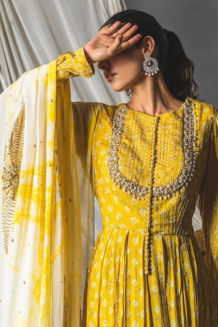 Soniya G_Yellow Lucknowi Beads And Sequin, Geometric Print, Mirror Anarkali With Dupatta _at_Aza_Fashions