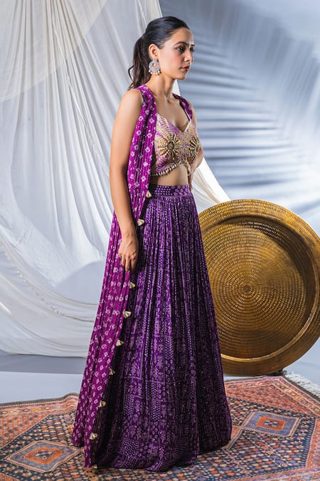 Soniya G_Purple Georgette Beads And Sequin, Geometric Print, Mirror V Neck Cape Lehenga Set _Online_at_Aza_Fashions