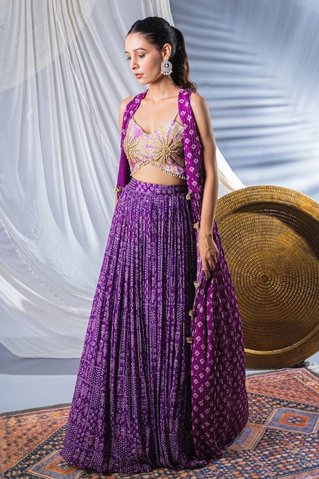 Buy_Soniya G_Purple Georgette Beads And Sequin, Geometric Print, Mirror V Neck Cape Lehenga Set _Online_at_Aza_Fashions
