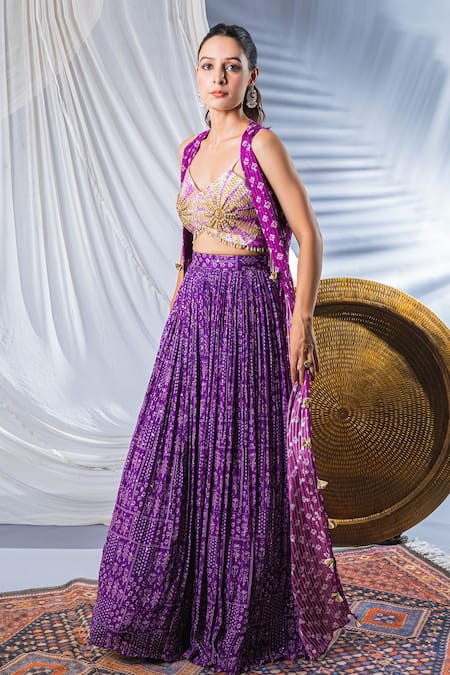 Shop_Soniya G_Purple Georgette Beads And Sequin, Geometric Print, Mirror V Neck Cape Lehenga Set _Online_at_Aza_Fashions