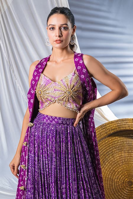 Soniya G_Purple Georgette Beads And Sequin, Geometric Print, Mirror V Neck Cape Lehenga Set _at_Aza_Fashions