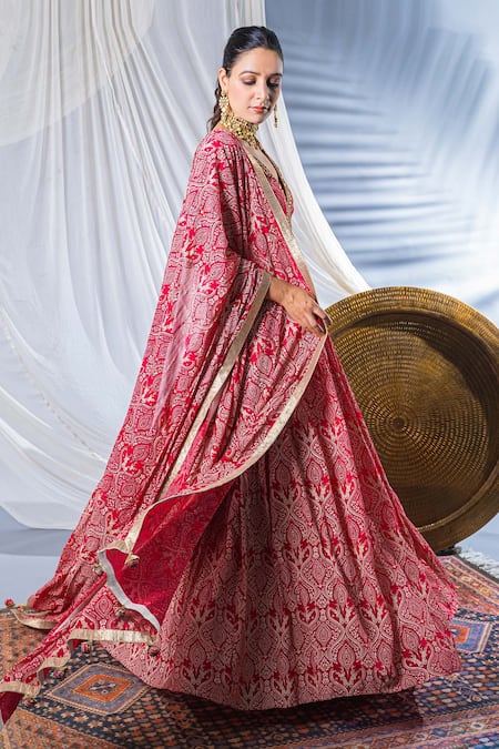 Soniya G Red Chanderi Floral Print, Gota And Pearl V Neck Bridal Lehenga Set Online at Aza Fashions Soniya G_Red Chanderi Floral Print, Gota And Pearl V Neck Bridal Lehenga Set _Online_at_Aza_Fashions