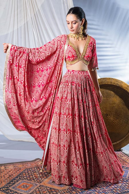 Buy Soniya G Red Chanderi Floral Print, Gota And Pearl V Neck Bridal Lehenga Set Online at Aza Fashions Buy_Soniya G_Red Chanderi Floral Print, Gota And Pearl V Neck Bridal Lehenga Set _Online_at_Aza_Fashions