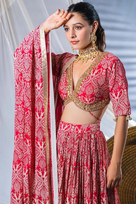 Shop Soniya G Red Chanderi Floral Print, Gota And Pearl V Neck Bridal Lehenga Set Online at Aza Fashions Shop_Soniya G_Red Chanderi Floral Print, Gota And Pearl V Neck Bridal Lehenga Set _Online_at_Aza_Fashions
