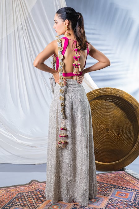 Shop_Soniya G_Grey Georgette Paisley Print And Gota V Neck Lehenga Saree With Blouse _at_Aza_Fashions