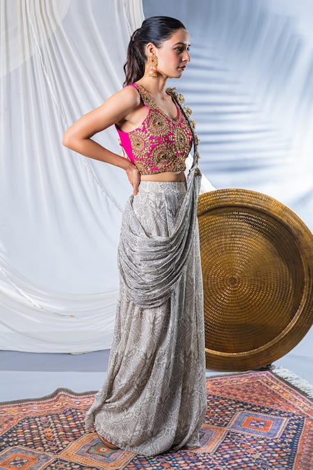 Buy_Soniya G_Grey Georgette Paisley Print And Gota V Neck Lehenga Saree With Blouse _Online_at_Aza_Fashions