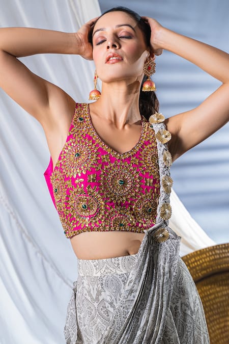 Shop_Soniya G_Grey Georgette Paisley Print And Gota V Neck Lehenga Saree With Blouse _Online_at_Aza_Fashions
