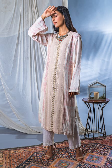 Buy_Soniya G_White Georgette Sequin And Cutdana, Beads Round Tie Dye Kurta & Pant Set_Online_at_Aza_Fashions