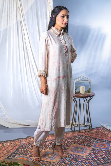 Soniya G_White Georgette Beads Spread Collar Tie Dye Kurta And Pant Set_Online_at_Aza_Fashions