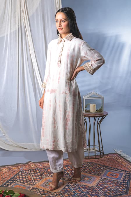 Buy_Soniya G_White Georgette Beads Spread Collar Tie Dye Kurta And Pant Set_Online_at_Aza_Fashions