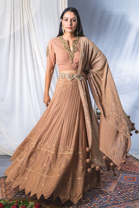 Soniya G Pink Lucknowi Thread Notched Lehenga Set Online at Aza Fashions Soniya G_Pink Lucknowi Thread Notched Lehenga Set _Online_at_Aza_Fashions