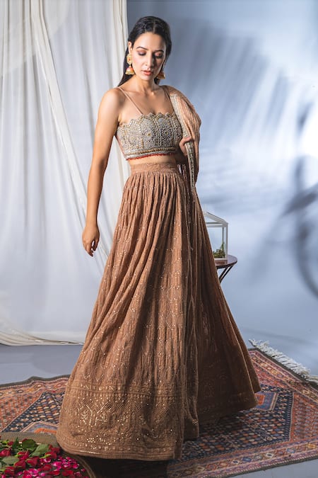 Soniya G_Pink Lucknowi Sequin And Beads, Thread Square Neck Cape Lehenga Set _Online_at_Aza_Fashions