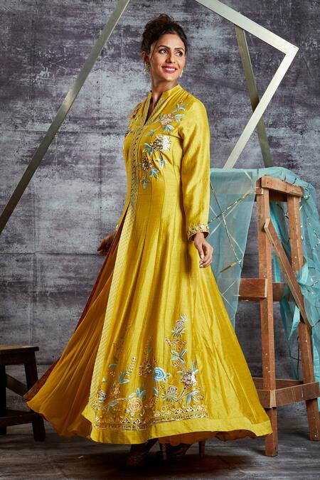 Buy Sunita Nagi Yellow Anarkali Linen Satin, Dupatta Net, Inner Embroidered Front Slit With Online at Aza Fashions Buy_Sunita Nagi_Yellow Anarkali Linen Satin, Dupatta Net, Inner Embroidered Front Slit With _Online_at_Aza_Fashions