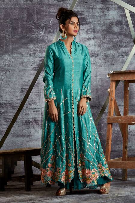 Sunita Nagi Blue Anarkali Linen Satin, Dupatta Net, Inner Embroidered Front Slit With Online at Aza Fashions Sunita Nagi_Blue Anarkali Linen Satin, Dupatta Net, Inner Embroidered Front Slit With _Online_at_Aza_Fashions