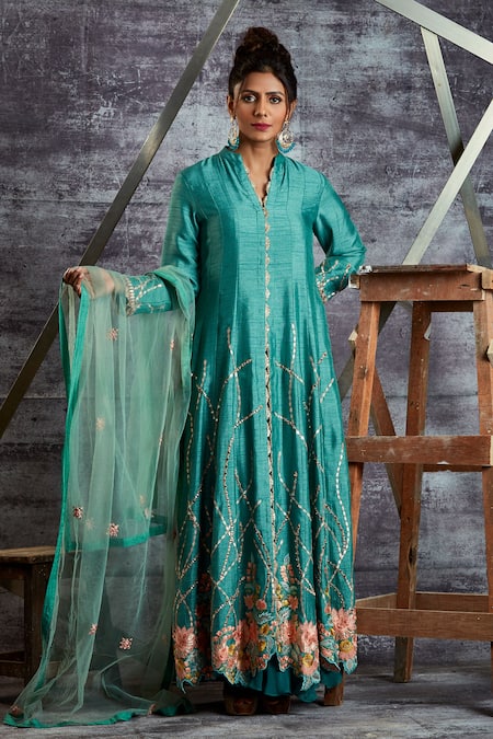 Buy Sunita Nagi Blue Anarkali Linen Satin, Dupatta Net, Inner Embroidered Front Slit With Online at Aza Fashions Buy_Sunita Nagi_Blue Anarkali Linen Satin, Dupatta Net, Inner Embroidered Front Slit With _Online_at_Aza_Fashions