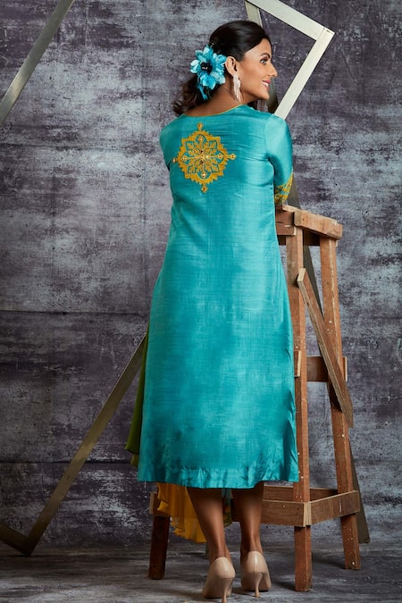 Shop Sunita Nagi Blue Dupion Silk Embroidery Geometric Round Sleeve Tunic at Aza Fashions Shop_Sunita Nagi_Blue Dupion Silk Embroidery Geometric Round Sleeve Tunic _at_Aza_Fashions