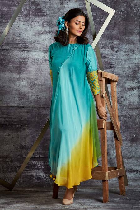 Sunita Nagi Blue Dupion Silk Embroidery Geometric Round Sleeve Tunic Online at Aza Fashions Sunita Nagi_Blue Dupion Silk Embroidery Geometric Round Sleeve Tunic _Online_at_Aza_Fashions