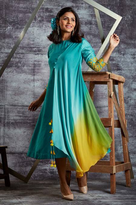 Buy Sunita Nagi Blue Dupion Silk Embroidery Geometric Round Sleeve Tunic Online at Aza Fashions Buy_Sunita Nagi_Blue Dupion Silk Embroidery Geometric Round Sleeve Tunic _Online_at_Aza_Fashions