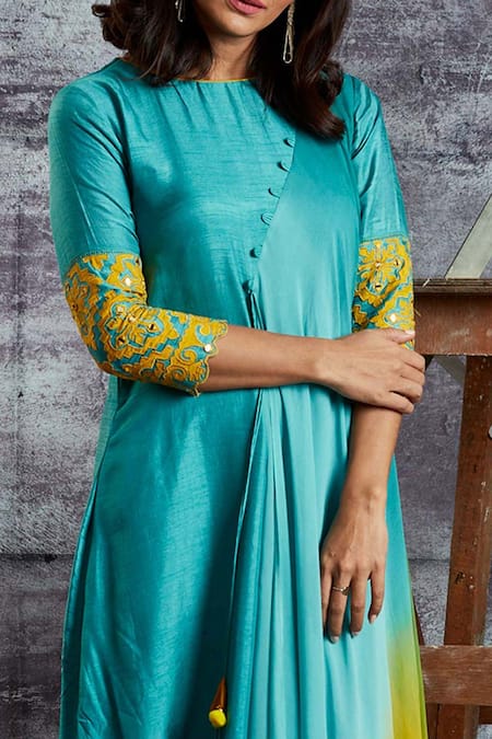 Shop Sunita Nagi Blue Dupion Silk Embroidery Geometric Round Sleeve Tunic Online at Aza Fashions Shop_Sunita Nagi_Blue Dupion Silk Embroidery Geometric Round Sleeve Tunic _Online_at_Aza_Fashions