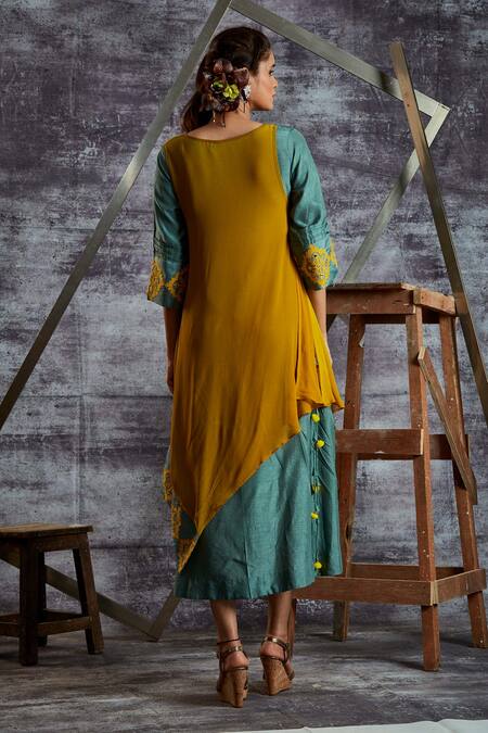 Shop Sunita Nagi Blue Dupion Silk Embroidery Geometric Round Asymmetric Tunic at Aza Fashions Shop_Sunita Nagi_Blue Dupion Silk Embroidery Geometric Round Asymmetric Tunic _at_Aza_Fashions