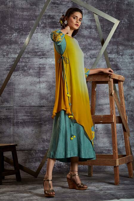 Sunita Nagi Blue Dupion Silk Embroidery Geometric Round Asymmetric Tunic Online at Aza Fashions Sunita Nagi_Blue Dupion Silk Embroidery Geometric Round Asymmetric Tunic _Online_at_Aza_Fashions