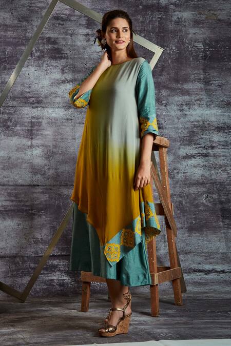 Buy Sunita Nagi Blue Dupion Silk Embroidery Geometric Round Asymmetric Tunic Online at Aza Fashions Buy_Sunita Nagi_Blue Dupion Silk Embroidery Geometric Round Asymmetric Tunic _Online_at_Aza_Fashions