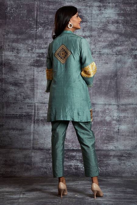 Shop Sunita Nagi Grey Dupion Silk Mirror , Thread Round Cross Stitch Jacket Pant Set at Aza Fashions Shop_Sunita Nagi_Grey Dupion Silk Mirror , Thread Round Cross Stitch Jacket Pant Set _at_Aza_Fashions