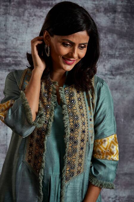 Shop Sunita Nagi Grey Dupion Silk Mirror , Thread Round Cross Stitch Jacket Pant Set Online at Aza Fashions Shop_Sunita Nagi_Grey Dupion Silk Mirror , Thread Round Cross Stitch Jacket Pant Set _Online_at_Aza_Fashions