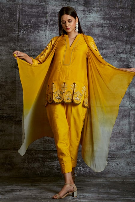 Sunita Nagi Yellow Dupion Silk, Spun Silk, Shaded Georgette Floral Embroidered And Pant Set 
