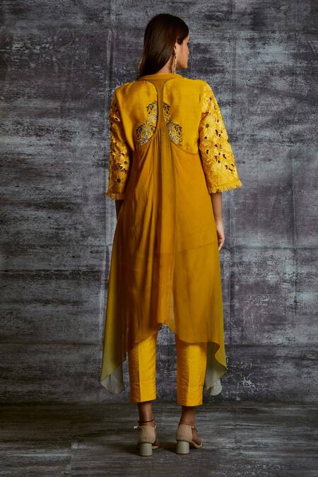 Shop Sunita Nagi Yellow Dupion Silk, Spun Silk, Shaded Georgette Floral Embroidered And Pant Set at Aza Fashions Shop_Sunita Nagi_Yellow Dupion Silk, Spun Silk, Shaded Georgette Floral Embroidered And Pant Set _at_Aza_Fashions
