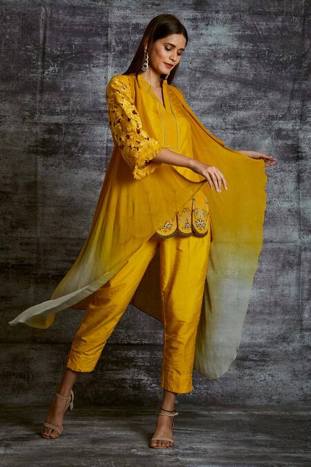 Sunita Nagi Yellow Dupion Silk, Spun Silk, Shaded Georgette Floral Embroidered And Pant Set Online at Aza Fashions Sunita Nagi_Yellow Dupion Silk, Spun Silk, Shaded Georgette Floral Embroidered And Pant Set _Online_at_Aza_Fashions