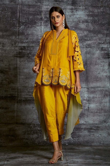 Buy Sunita Nagi Yellow Dupion Silk, Spun Silk, Shaded Georgette Floral Embroidered And Pant Set Online at Aza Fashions Buy_Sunita Nagi_Yellow Dupion Silk, Spun Silk, Shaded Georgette Floral Embroidered And Pant Set _Online_at_Aza_Fashions