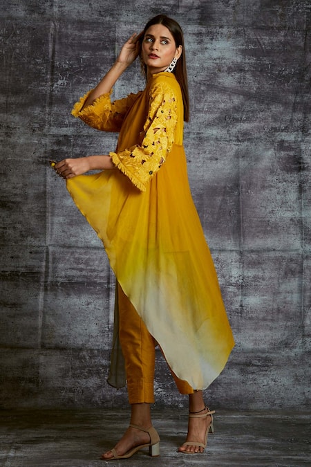 Shop Sunita Nagi Yellow Dupion Silk, Spun Silk, Shaded Georgette Floral Embroidered And Pant Set Online at Aza Fashions Shop_Sunita Nagi_Yellow Dupion Silk, Spun Silk, Shaded Georgette Floral Embroidered And Pant Set _Online_at_Aza_Fashions