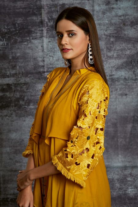 Sunita Nagi Yellow Dupion Silk, Spun Silk, Shaded Georgette Floral Embroidered And Pant Set at Aza Fashions Sunita Nagi_Yellow Dupion Silk, Spun Silk, Shaded Georgette Floral Embroidered And Pant Set _at_Aza_Fashions