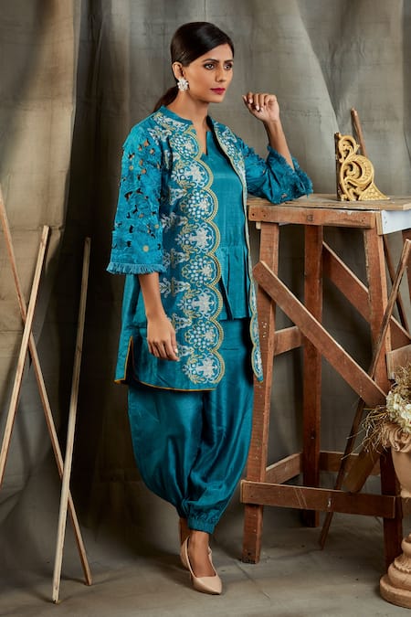 Shop Sunita Nagi Blue Dupion Silk Mirror , Thread Notched Cross Stitch Jacket Pant Set at Aza Fashions Shop_Sunita Nagi_Blue Dupion Silk Mirror , Thread Notched Cross Stitch Jacket Pant Set _at_Aza_Fashions