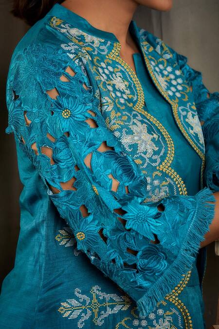 Buy Sunita Nagi Blue Dupion Silk Mirror , Thread Notched Cross Stitch Jacket Pant Set Online at Aza Fashions Buy_Sunita Nagi_Blue Dupion Silk Mirror , Thread Notched Cross Stitch Jacket Pant Set _Online_at_Aza_Fashions