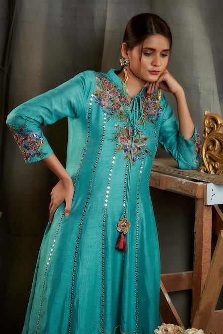 Buy Sunita Nagi Blue Dupion Silk Floral, Mirror Keyhole Embroidered Kurta And Palazzo Set Online at Aza Fashions Buy_Sunita Nagi_Blue Dupion Silk Floral, Mirror Keyhole Embroidered Kurta And Palazzo Set _Online_at_Aza_Fashions