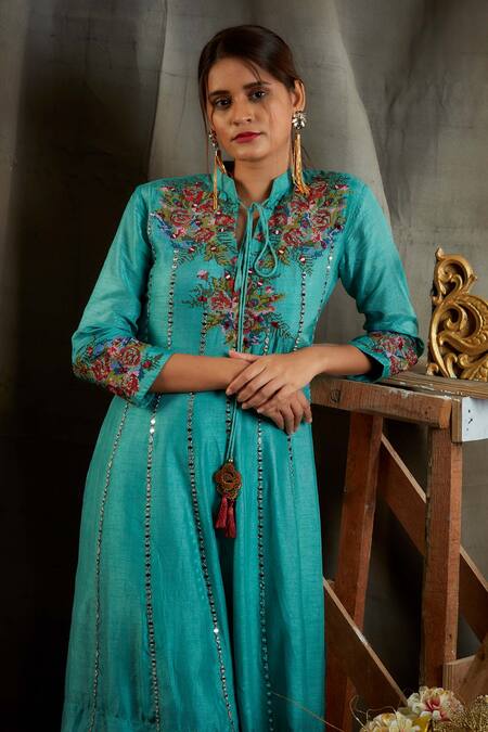 Shop Sunita Nagi Blue Dupion Silk Floral, Mirror Keyhole Embroidered Kurta And Palazzo Set Online at Aza Fashions Shop_Sunita Nagi_Blue Dupion Silk Floral, Mirror Keyhole Embroidered Kurta And Palazzo Set _Online_at_Aza_Fashions